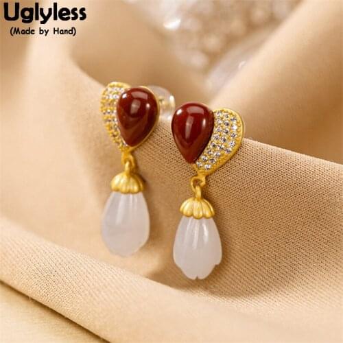 Uglyless Agate Zircons Spliced Heart-shape Sweet LOVE Earrings for Sweety Girls Nature Jade Magnolia Earrings 925 Silver Brincos