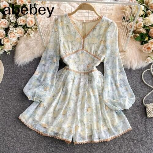 2021 New Summer Vintage Temperament V-neck Lantern Sleeve Rompers high waist pleated waist lace patchwork floral Rompers