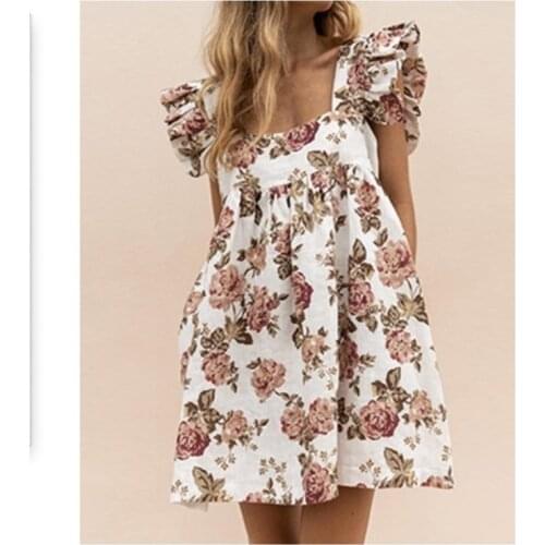 Womens Summer Dress 2021 Square Neck Ruffle Pocket Butterfly Sleeve Loose Beach Dresses For Woman Vestido De Mujer Femme Robes