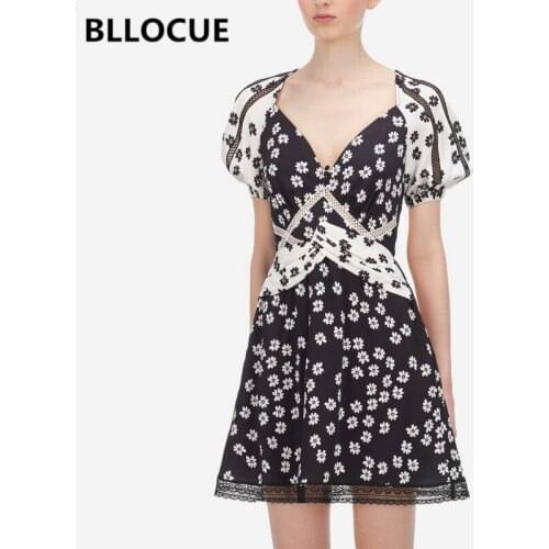 BLLOCUE High Quality Self Portrait Dress 2020 Summer Designer Runway Women Puff Sleeve Flower Print Hollow Out Lace Elegant Dres