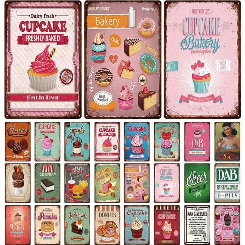 Tin Sign Vintage Metal Pink Cake&Donuts&Ice-cream Iron Sheet Decor For Club Bar Restaurant Cafe Painting Wall Home Mancave Decor