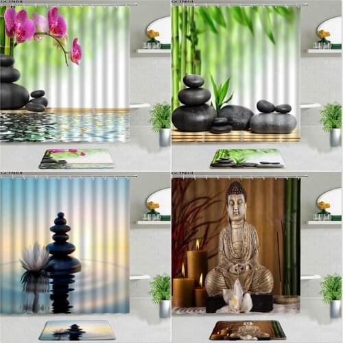 2PCS Zen Stone Shower Curtains With Bath Mat Set Non-slip Rugs Flower Green Bamboo Meditation For Bathroom Decor Bathtub Screen