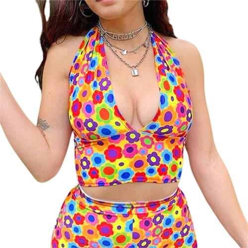 2021 Fashion Women Sexy Floral Print Halter Tank Top Sleeveless Backless Slim Fit Crop Top Holiday Summer Casual Camisole Tops