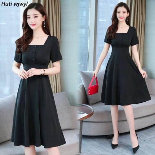 2021 Korean Chic Solid Midi Beach Dresses Summer Plus Size Black Short Sleeve Sexy Sundress Women Bodycon Elegant Party Vestidos