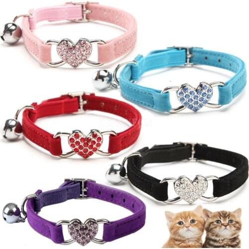 30Pcs/Lot Cute Crystal Elastic Dog Collar Velvet Bell Heart Shape Pet Necklacce