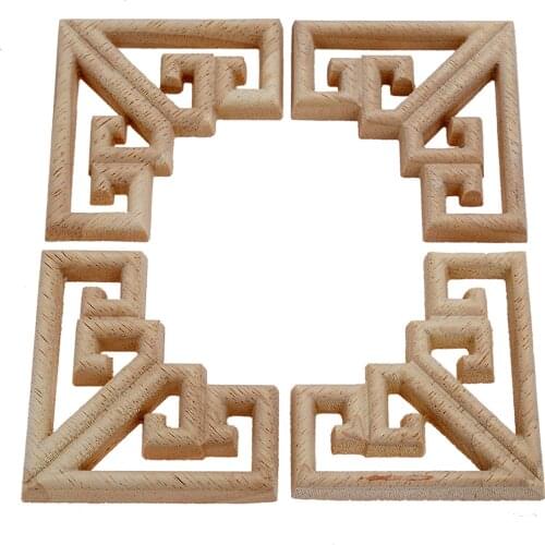 4PC 6.5cm Woodcarving Corner Decal Wood Figurines Crafts Corner Appliques Frame Door Furniture Woodcarving Decorative Home Decor