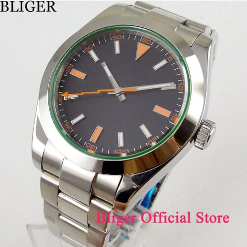 40mm Sterile Time Watch Black Dial Luminous Saphire Glass Orange Hand Polished Bezel MIYOTA 8215 Automatic Movement Mens Watch