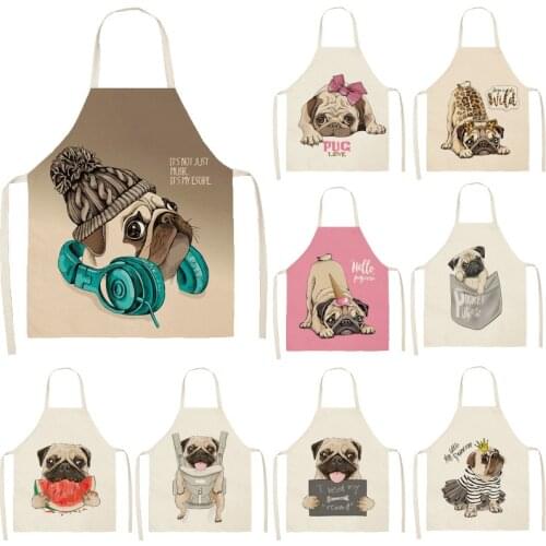 Cute Dog Pug Pattern Cotton Linen Sleeveless Chef Apron Kitchen Aprons Women Home Cooking Baking Waist Bib Pinafore 53*65cm