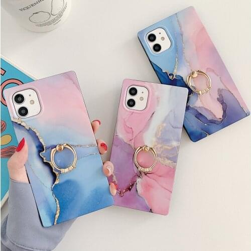 Gradient Marble Texture Soft TPU Case for iPhone 12 Mini 11 Pro XS Max XR X 8 Plus Finger Ring Stand Square Straight Edge Cover