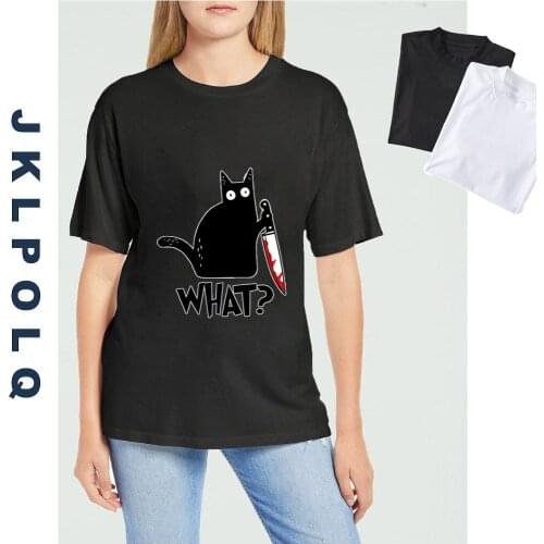 JKLPOLQ Black Cat What? Murderous Cat With Knife Funny Halloween Gift Womens T Shirt Unisex shirt Cotton T-shirts Funny Present