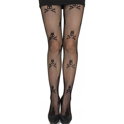 1 Pcs Sexy Stay Up Thigh High Tights Fishnet Mesh Skull Print Punk Stretch Pantyhose For Women Accessories