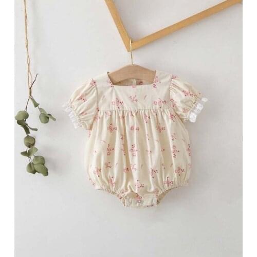Baby Girl Jumpsuit Summer Lace Elastic Short Sleeves Triangle Rompers Korean Floral Toddler Girl Clothes