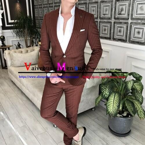 New Burgundy Pinstripe Men Suit Slim Fit Peaked Lapel Wedding Groom Tuxedo Blazer Male Formal Business 2 Pieces Terno Masculino