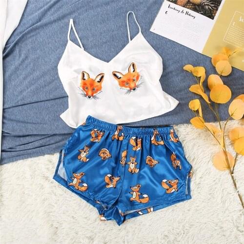 Sexy Summer Pajama Sets Women Fox Print Pattern Pyjamas Set Sleepwear V-neck pijamas Female Sleeveless Pajamas For Women