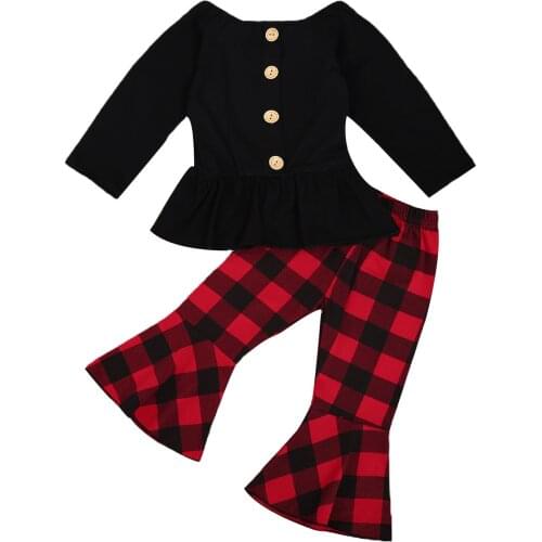 0-4Years Christmas Infant Baby Girls Clothes Sets Long Sleeve Ruffles Button Tops Plaid Flare Pants