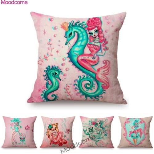 Pink Princess Room Decoration Pillow Case Lovely Cute Cartoon Mermaid Adorable Princess Girl Watercolor Painting Cushion Cover