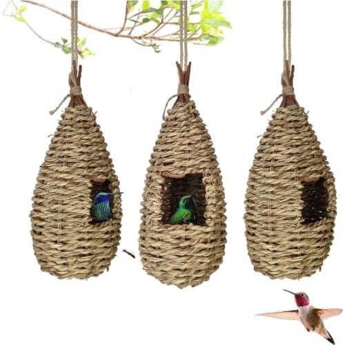 Handmade Woven Grass Bird Nest Hammock Hut Hanging Bird House Natural Fiber Finch Bird Nest Hut Outdoor Cage Shelter Hideaway