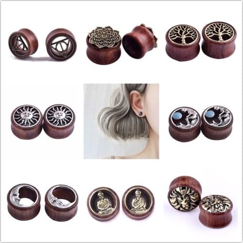 Vintage Metal Flower Tunnel Plug Geometric Wood Ear Plug Piercing Body Jewelry Earring Gauges Ears Accessories