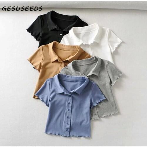 Korean t shirt women vintage short sleeve shirt summer ruffle cropped polo shirt single breasted turn down collar shirts white