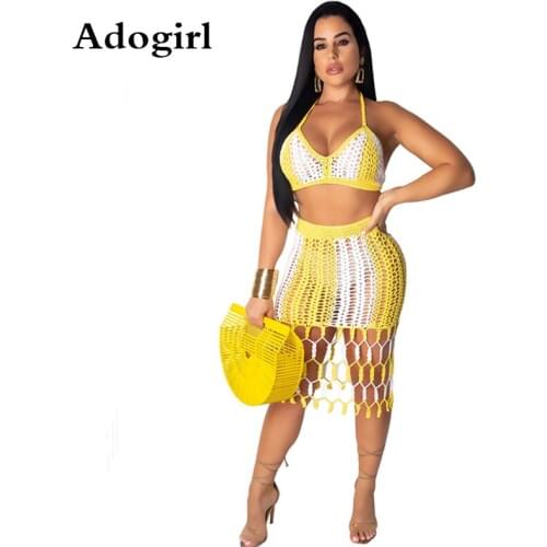 2020 Summer Sexy Knitting Crochet Beach Two Piece Set Skirt Women Bra Tops + Tassel Hem Skirt Female Summer Bohemian Tracksuit