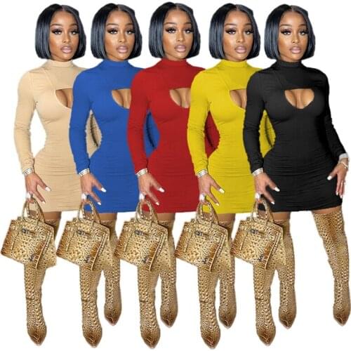 Women Clothes Autumn Winter Nightclub Solid O-neck Long Sleeve Hollow Sexy Dress Party Dresses Streetwear Y2k Wholesale Items