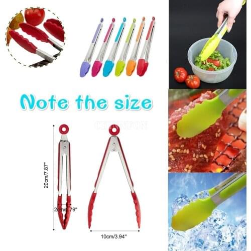 200Pcs/Lot Silicone Kitchen Cooking Salad Serving BBQ Tongs Stainless Steel Handle Utensil