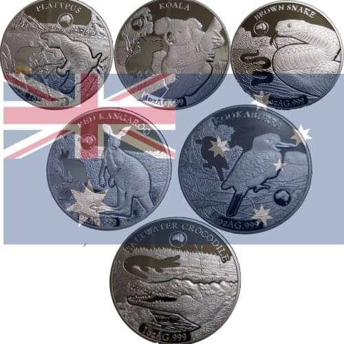 2019 6pcs/lot Australia Animal Challenge Coin Cute Koala Kangaroo Silver Plated Commemorative Coins Silver Coin for Collection