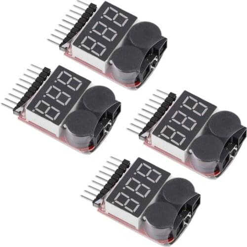4Pcs 1S-8S Lipo Battery Tester, RC Lipo Battery Low Voltage Alarm Buzzer Indicator Checker with LED for Lipo, Li-Ion