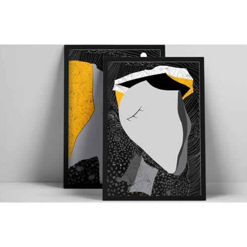 Abstract Elephant Print, Contemporary Collage, Modern Face Portret, Minimalist Lion Head, Set of 2 Print, Black Yellow Decor, Mo