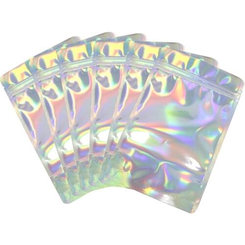 Behogar 100PCS Resealable Holographic Smell Proof Ziplock Bags Foil Pouches for Candy Beans Cookie Cosmetic Soap Food Storage