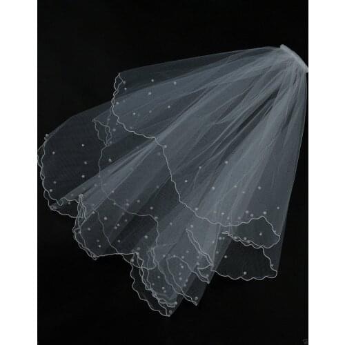 2T White Shoulder Length Pencil Edge Bridal Wedding Veil With Pearls
