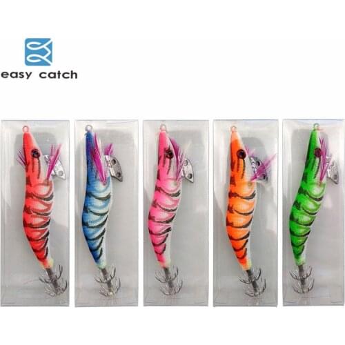 Easy Catch 5pcs Hard Plastic Octopus Squid Jigs Lures Cuttlefish Artificial Bait Wood Shrimp With Squid Hook Size 2.5 3.0 3.5