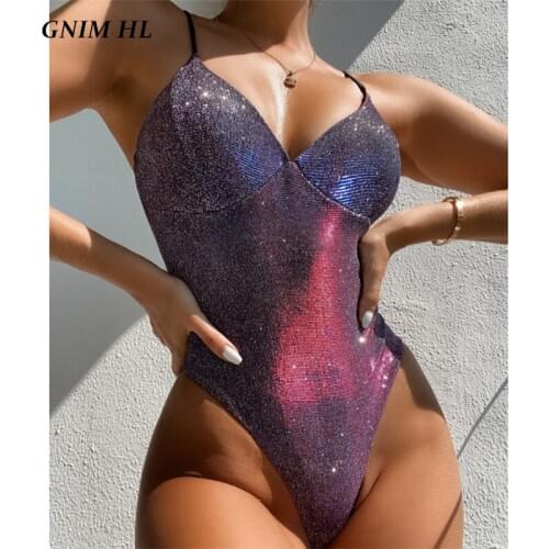 GNIM Sexy Shiny Bikini Swimwear Women 2021 New Solid Beachwear Brazilian String Swimsuit Push Up High Cut Bodysuit Monokini