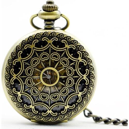 Classical Bronze Spider Web Heart Copper Hollow Mechanical Pocket Watch Retro Chain For Men Women Gift Watch