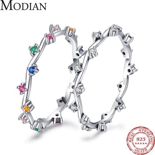 Modian Real 925 Sterling Silver Rainbow Colorful Zircon Finger Rings Fashion Irregular Crystal Ring For Women Fine Jewelry Anel