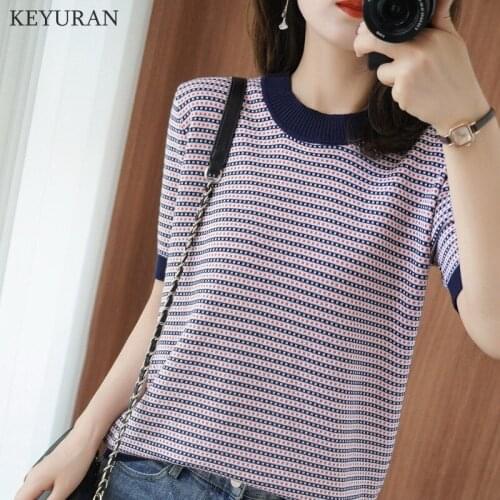 Korean Knitted Short Sleeve O Neck Women Pullovers Harajuku Hit Color Patchwork Striped New Sweaters Vintage Sweet Sueter Mujer