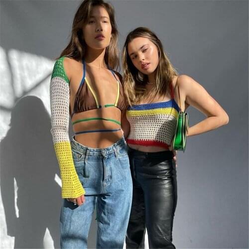 Fashion Patchwork Y2K Sexy Crop Tops Long Sleeve Backless Autumn 2021 Vintage Beach Knitted Hollow T Shirt Casual Party
