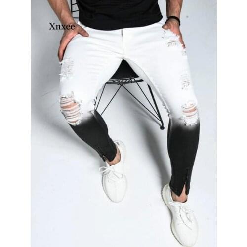 Gradient Ripped Jeans Men Casual Slim Fit Mens Skinny Jeans Homme Motor Biker Hip Hop Zipper Denim Pants Trousers white black