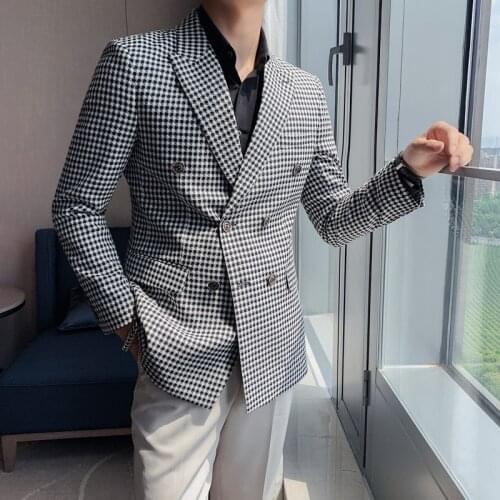 British Style All Match Slim Fit Houndstooth Blazer Men Clothing 2021 Simple Double Breasted Business Office Suit Jackets Casual