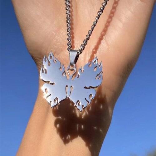 QIMING Stainless Steel Butterfly Necklace For Women Boho Punk Hip Hop Street Style Moth Born Of Fire Pendant Necklace