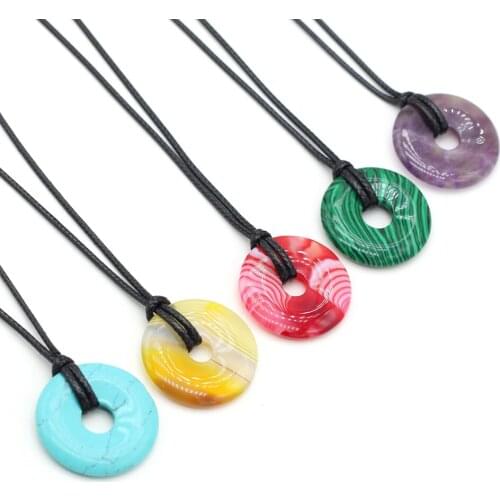 Natural Stone Agates Pendant Necklace For Men Women Wax Line Rose Quartzs Lapis Lazuli Amethysts Necklaces Size 30mm Length 60cm