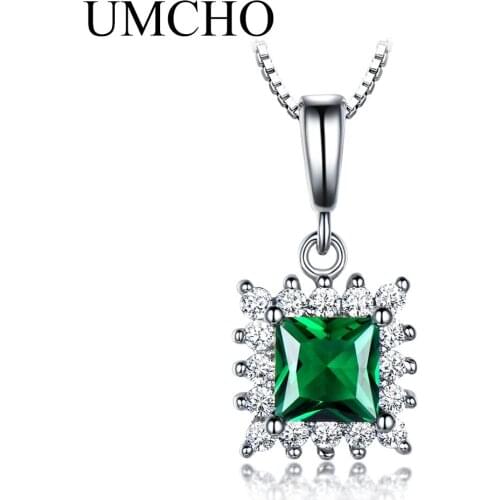 UMCHO Solid 925 Silver Necklace Created Square Green Gemstone Necklaces & Pendants For Women Anniversary Party With Chain