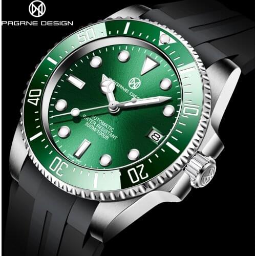 PAGRNE DESIGN New Sapphire Glass Automatic Watches Waterproof 300M Men Mechanical Wristwatches Stainless Steel Diving Watch Men