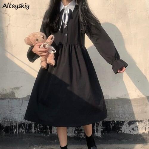 Dress Women Long Sleeve Student Kawaii Pure Sweet All-match Loose Fashion Design Ladies Spring Leisure Retro Simple Soft College