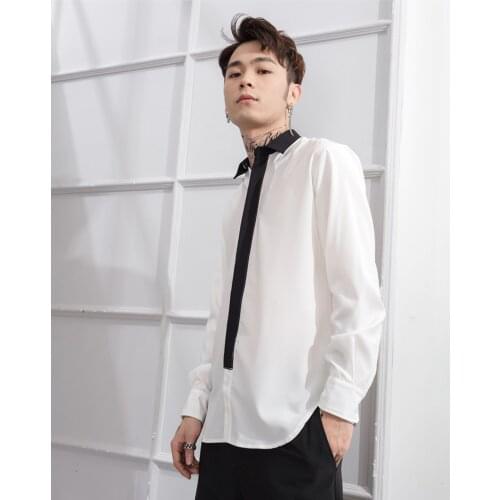 White slim shirt mens slim long sleeve shirt black collar dark door flap round and big mountain style