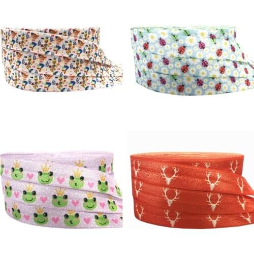 Mermaid Frog Ladybug Print Fold Over Elastic Ribbon 16mm Deer FOE Webbing For Girls DIY Headwear Birthday Party 10yard