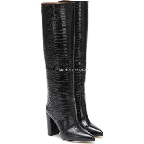 New Black Crocodile Leather Women Knee High Boots Fashion Chunky Heel Long Boots Lady Sexy Large Size Winter Boots Dropship