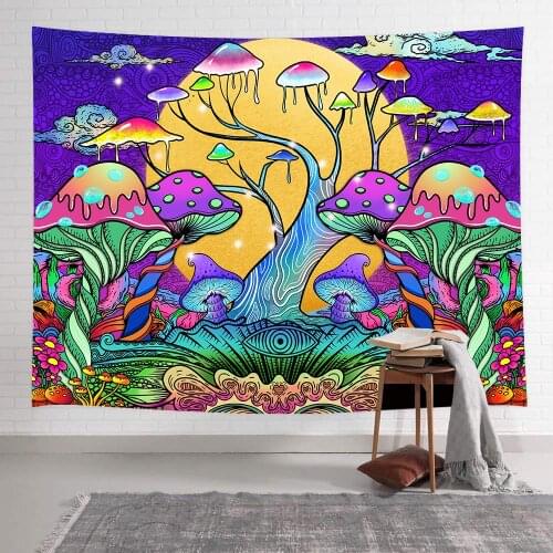Simsant Psychedelic Mushroom Tree Tapestry Trippy Forest Sun Art Wall Hanging Tapestries for Living Room Bedroom Home Decor
