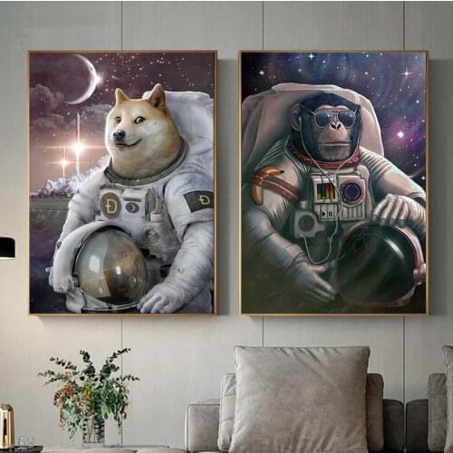 Dog Wear Space Suit Monkey With Headphones Canvas Art Posters and Prints Animals On Wall Nordic Canvas Pictures Kids Room Decors