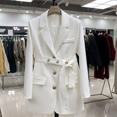 2021 White Lace Up Blazer Suit Jackets Korean Women Loose Fashion British Style Autumn Casual Single Breasted Slim Workwear M589